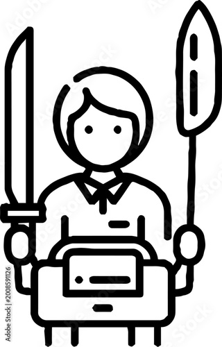 Person Holding Large Knife and Tool at Service Counter Illustration