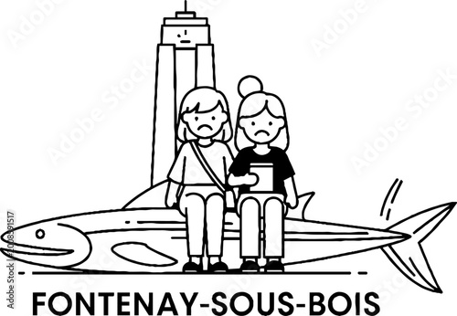 Girls sitting on a giant fish in the city line art