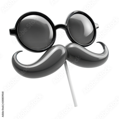 3D Render of Black Round Sunglasses and Mustache Prop on a Stick
