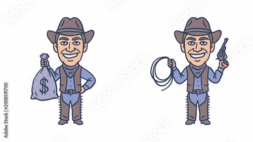 Smiling cowboy holding rope revolver and bag of money. Transparent background