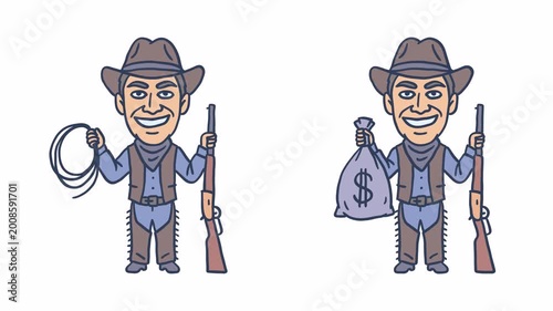 Smiling cowboy holding rope gun and bag of money. Transparent background
