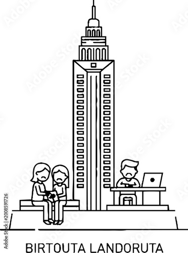 Sad people near tall skyscraper in the city line art illustration