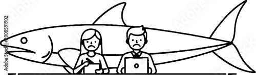 Sad office workers with a large shark behind them line art
