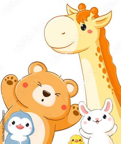 Best friends forever. Cute animals in kawaii style. Funny bear, giraffe, penguin, duckling, hare. Can be used for t-shirt print, poster, badge, tag, sticker, card. Vector illustration EPS8