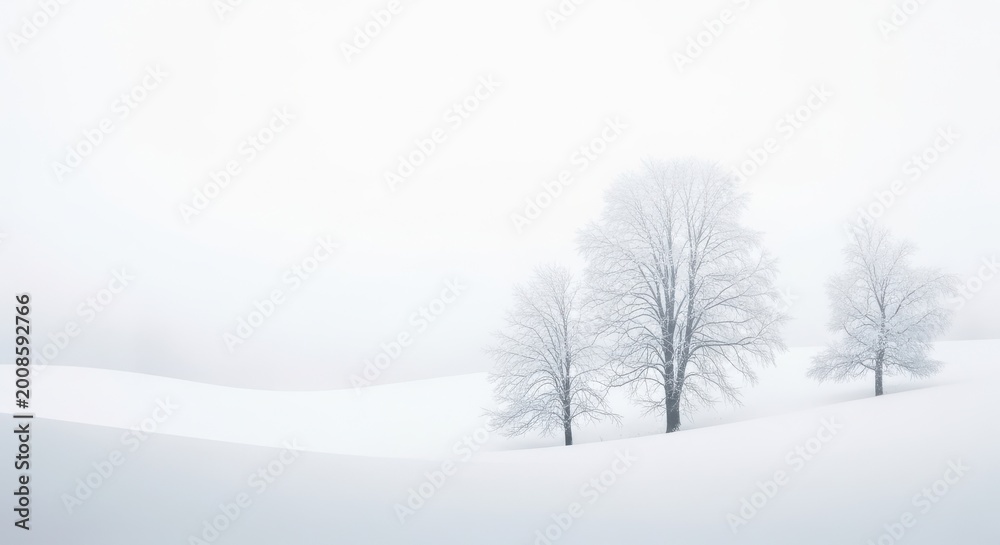Fototapeta premium Three bare trees standing in a snowy winter landscape