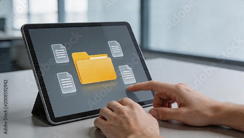 Business man using tablet for cloud storage and data management with digital folder icon on screen