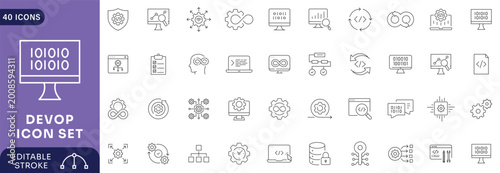 Devops icon set. Containing automation, deployment, agile workflows, software development . Editable stroke.