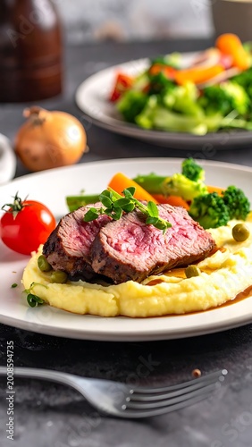 Delicious steak with roasted vegetables plate.