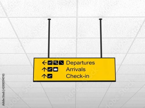 Illuminated airport sign indicating check-in, departures, and arrivals with arrow sign on yellow background.