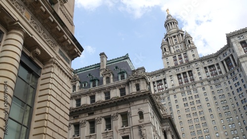 New York City Downtown Civic Center, United States of America. Manhattan municipal building 1914, old historic architecture. Government administration authority. Low angle view from Chambers street.