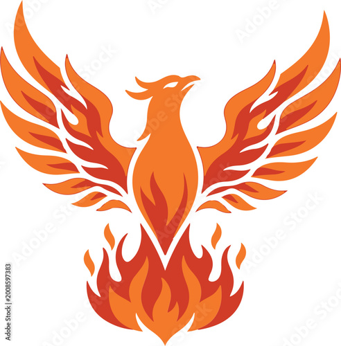 Fire Phoenix Rising Bird, Mythical Flaming Wings Vector Illustration, Fantasy Logo Design