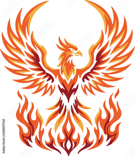 Fire Phoenix Rising Bird, Mythical Flaming Wings Vector Illustration, Fantasy Logo Design