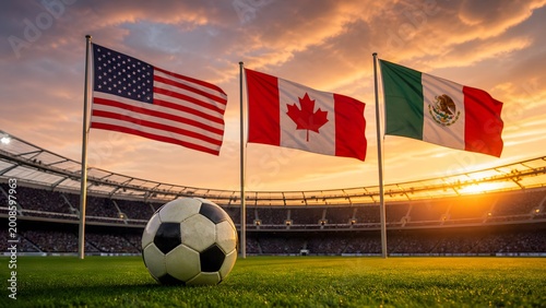 USA Canada and Mexico Flags with Soccer Ball at Sunset Stadium