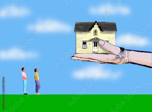 Couple looking up at a giant hand offering a house