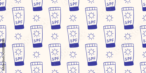 Vector seamless pattern of blue hand drawn outline monochrome doodle sunscreen SPF tube on light background. Sunny mediterranean navy skincare print design for beach holiday, summer travel decor.