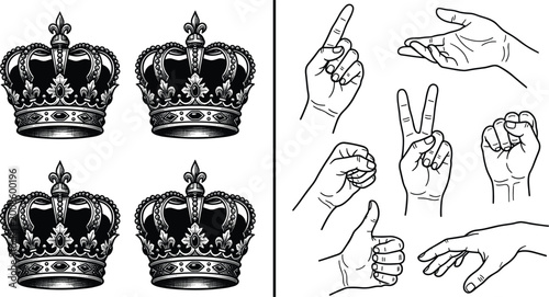 фотографія Vintage Illustration Set of Imperial Royal Crowns and Assorted Human Hand Gestur