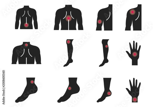 Isolated silhouette illustration bundle of body parts, hands and feet experiencing pain for health icons in clinics and neurologists.