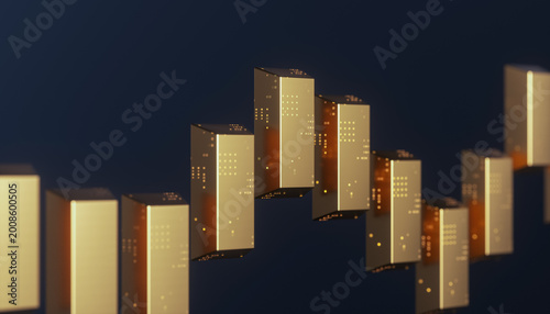 Futuristic 3D Golden bar chart wave, Financial market data and gold trading analytics concept.