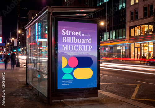 Bus stop billboard mockup at night in city