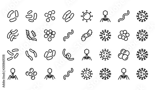 Obraz na płótnie Microbe and bacteria outline icon set with virus shapes minimal line vector coll