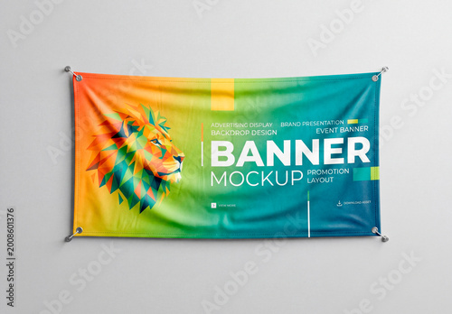 Horizontal fabric banner mockup with wrinkles and pins