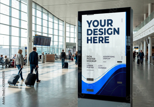 Digital advertising screen mockup inside airport terminal