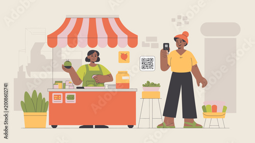 Woman scanning qr code at a small outdoor fruit stand with vendor