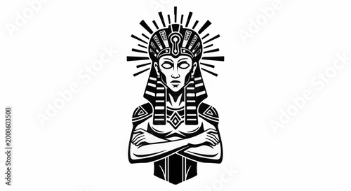 Stylized black and white ancient Egyptian pharaoh with headdress and crossed arms