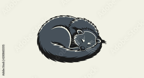 Stylized dark gray creature curled up sleeping on a cream background