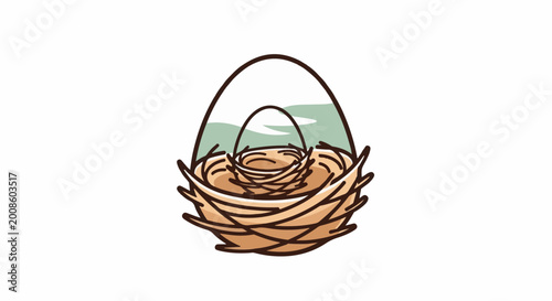 Stylized illustration of a bird's nest cradling an egg within a minimalist landscape