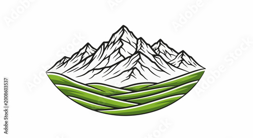Stylized mountain peaks rise above rolling green hills