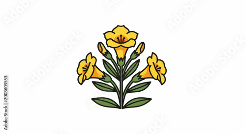 Stylized yellow flowers and buds with green leaves against white