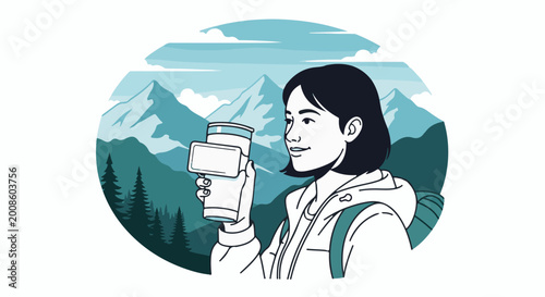 A person holding a cup, with a mountain range behind