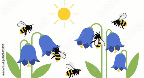 Sunny day with buzzing bees around blue bell flowers