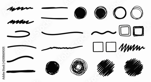 A collection of hand-drawn abstract shapes and lines in black and white