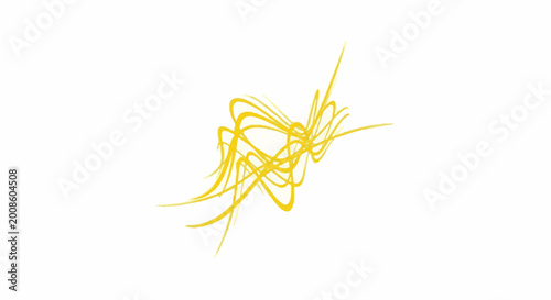 Abstract yellow brushstrokes form a dynamic, swirling pattern on a white background