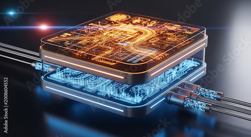 Dual-Layered High Performance Processor Chip with Data Cables. Conceptual 3D render of two stacked semiconductor boards connected by fiber optic cables, emitting orange & blue light for data transfer