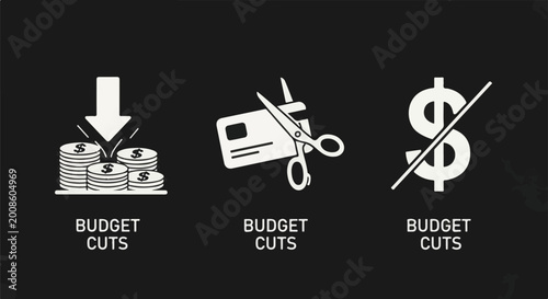 Three graphic icons represent financial cutbacks and reductions with accompanying text