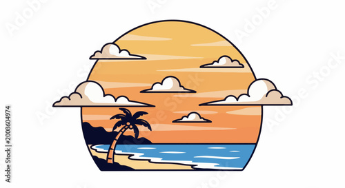 Sunset over ocean with palm tree and clouds