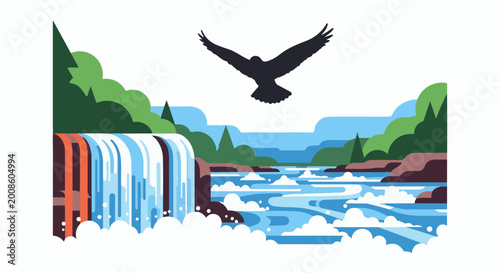 A soaring silhouette of an eagle over a dynamic waterfall and river landscape