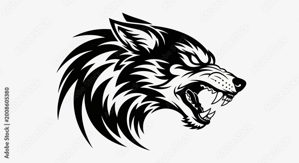 Obraz premium Aggressive Wolf Head Logo, Tribal Style, Black and White Vector Art