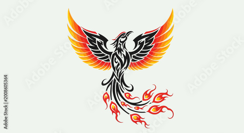 Принти на полотні Fiery Phoenix Bird Rising From Ashes, Tribal Tattoo Style, Mythical Creature