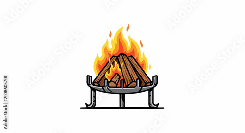 A stylized illustration of logs burning in a metal fire pit with flames