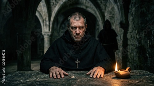 Intense cinematic scene of a solemn medieval inquisitor in black robes with a silver cross sitting at a stone table with a flickering oil lamp inside a dark monastery
