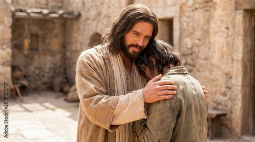Compassionate and merciful Jesus Christ hugging a humble follower in a rustic ancient village courtyard reflecting themes of love forgiveness grace and religious devotion in a warm sunny setting