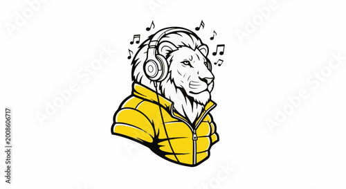 A white lion wearing headphones and a yellow jacket, with musical notes floating around its head
