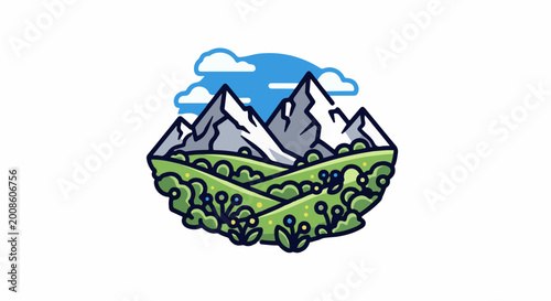 Stylized green hills with flowers beneath snow-capped mountains under a blue sky