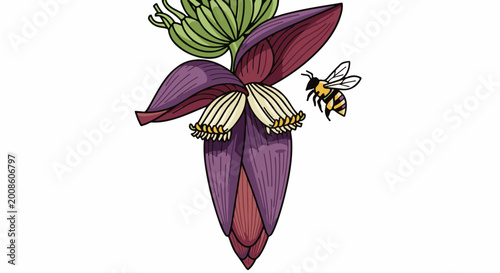 Stylized banana flower with a bee nearby, against a white background