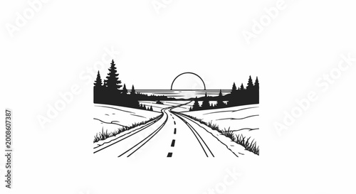 A winding road leads through a snowy landscape towards a sunlit horizon