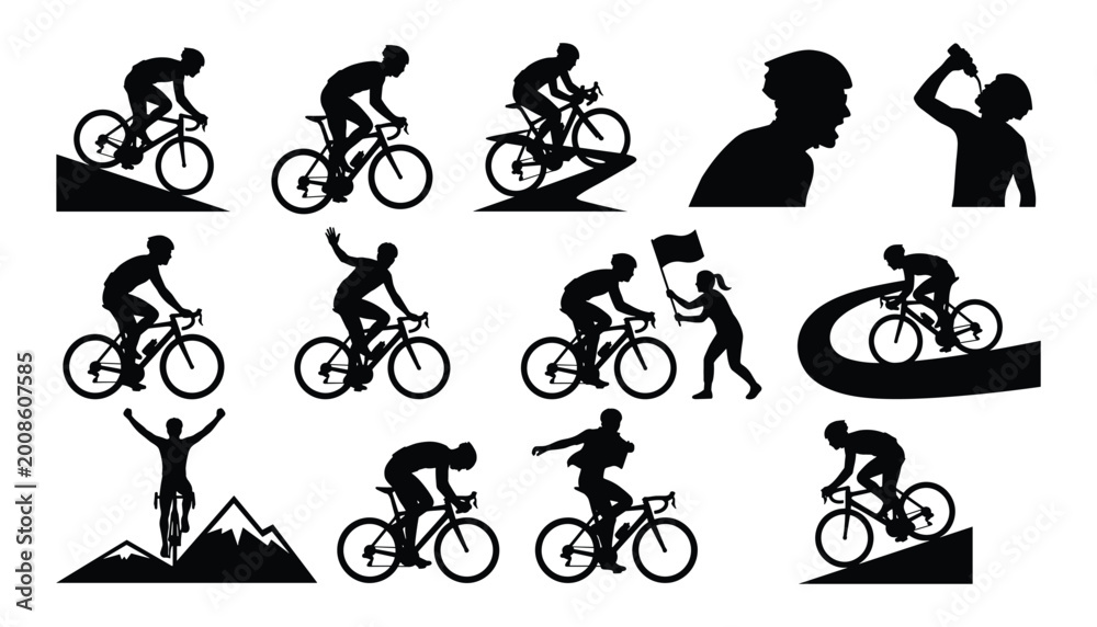 Naklejka premium Cycling athlete and race silhouette set for bicycle sport training, endurance competition, and active lifestyle graphic design